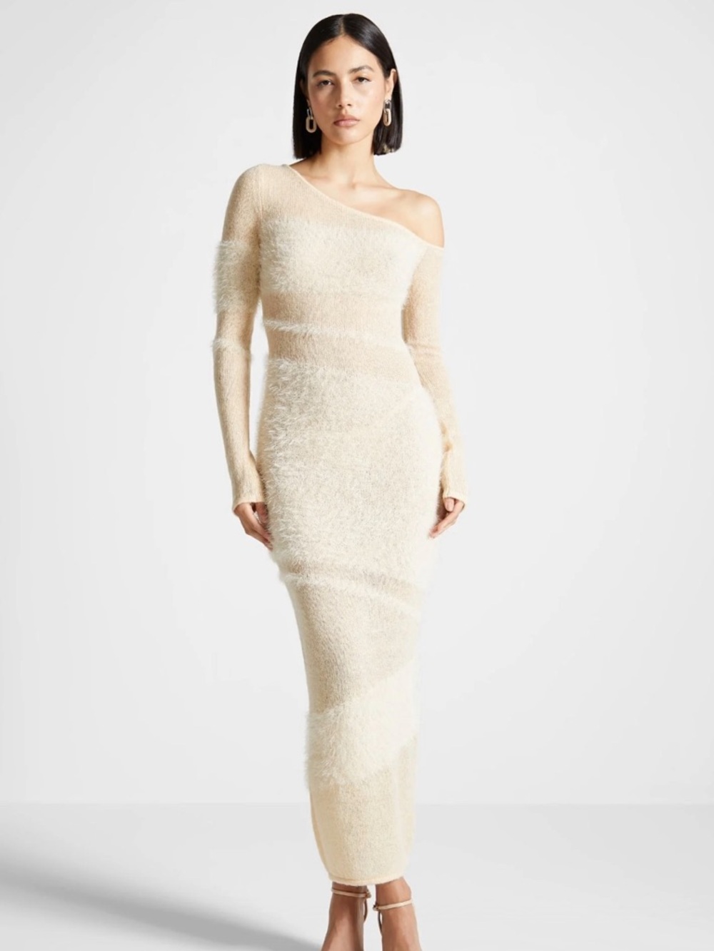 Maniere De Voir Cream One-Shoulder Fuzzy Knit Maxi Dress
